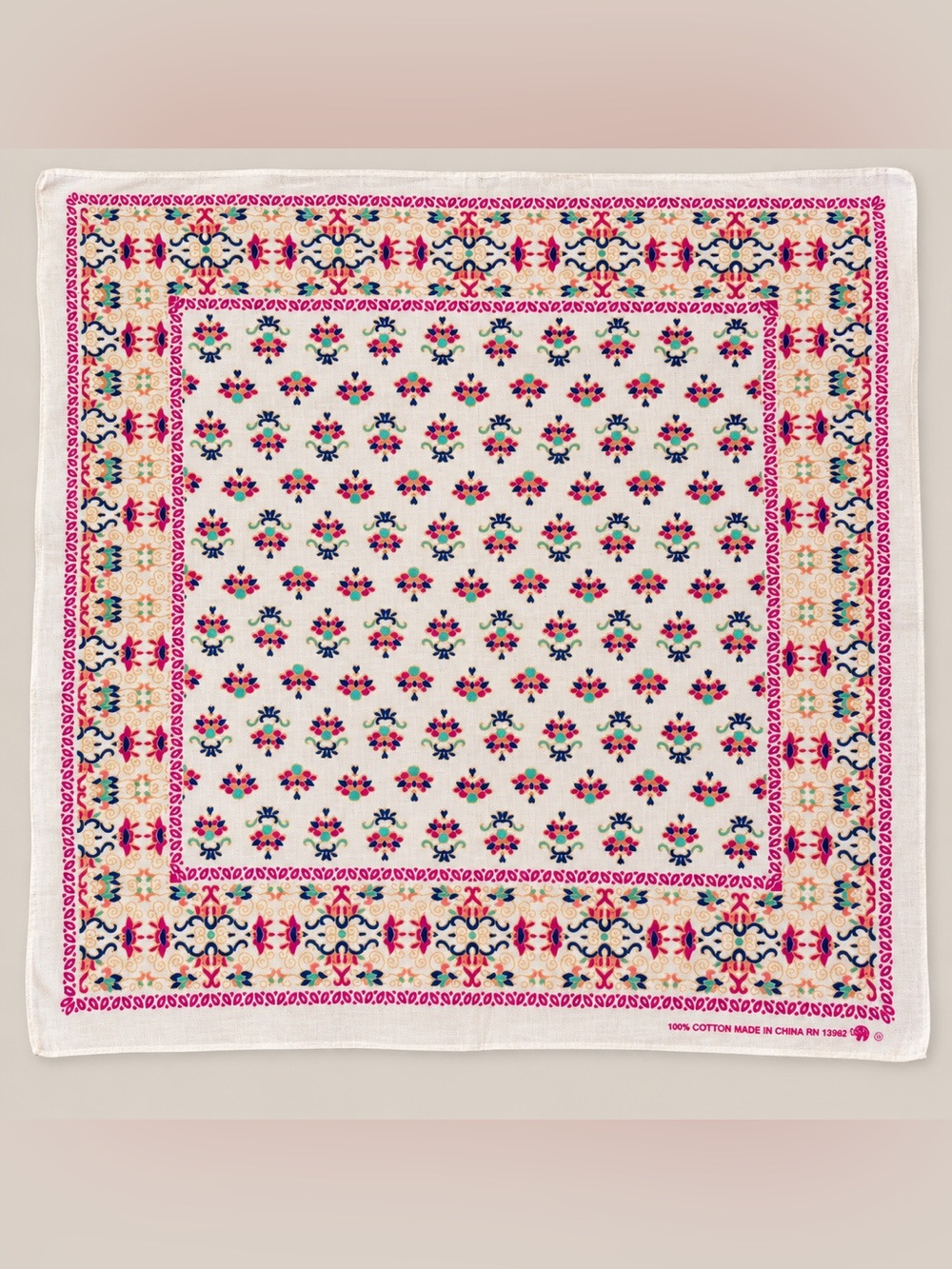 Elephant Brand Floral Cotton Bandana Pink Teal Boho Square Scarf 21”